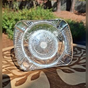 Vintage Clear Cut Glass Starburst Rectangular Ashtray Trinket Dish Candle Tray